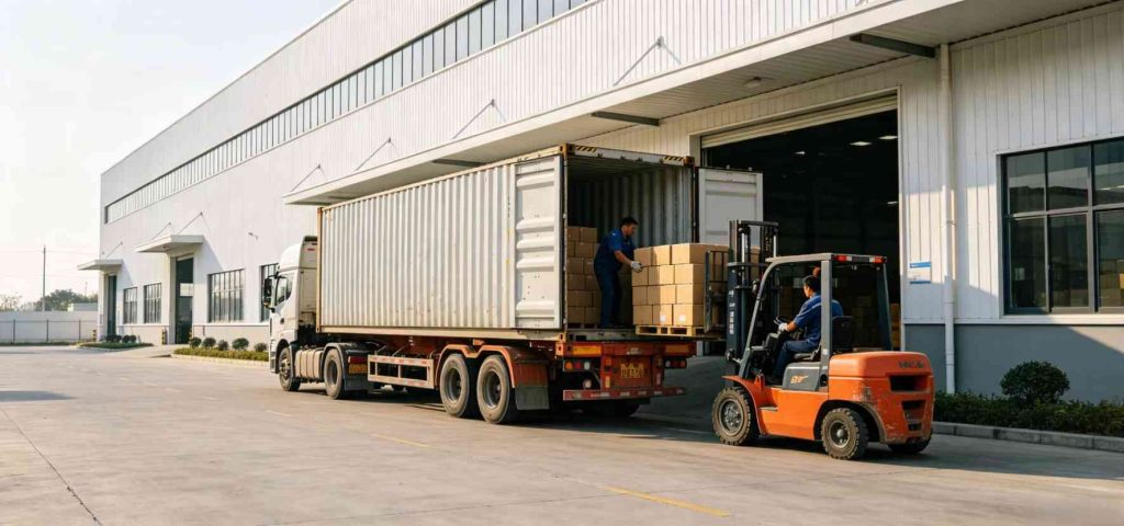 Warehouse loading scene, exporting kitchen appliances by container truck 